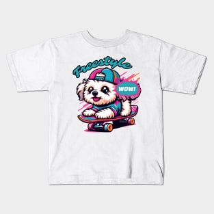 Maltipoo skating. Freestyle. Cute dog. Colorful. Playful Kids T-Shirt